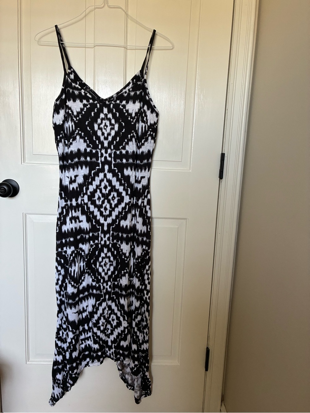INC International Concepts Black and White Ikat Asymmetrical Slip Dress
